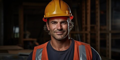 Fototapeta premium Construction worker portrait face happy but tired. Hndsome guy man looking in the camera at construction building background scene