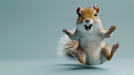 Ecstatic Squirrel Jumping with Joy on Plain Mint Background