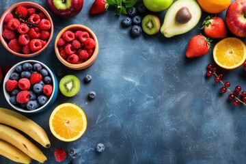 A table displaying bowls of various fruits, including oranges and raspberries