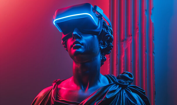 Ancient Greek statue of the goddess of love in virtual reality glasses, gradient ultraviolet background, neon lights fashionable - Powered by Adobe