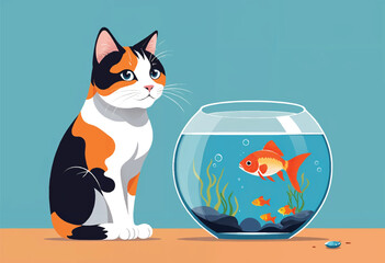 a cat sits next to a fish tank and looks at a fish