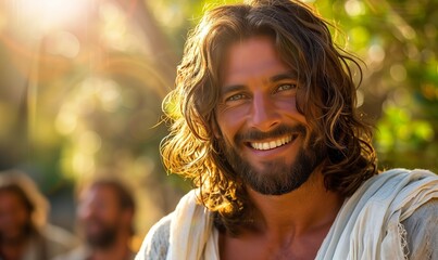 An expressive portrait of the life of the face of Jesus Christ smiling and looking at the camera against the background of the sunset with copy space