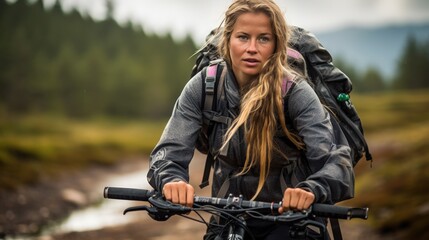 Fototapeta premium A Scandinavian-looking girl with long blonde hair, a huge backpack, and in hiking attire engages in mountain biking through forested terrain.