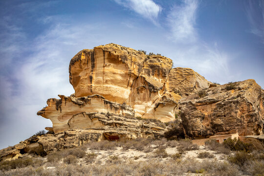 Peculiar rock formation of Tolmo de Minateda in Albacete, Castilla la Mancha, Spain, where archaeological remains from different periods are found
