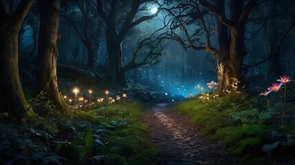 Naklejka premium Mystical night in dark but beautiful forest full of wonder and magic essence with moon view