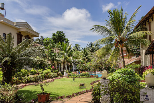 View of the villa buildings in a picturesque area near Sinquerim beach. Sinquerim, Candolim, GOA, INDIA.