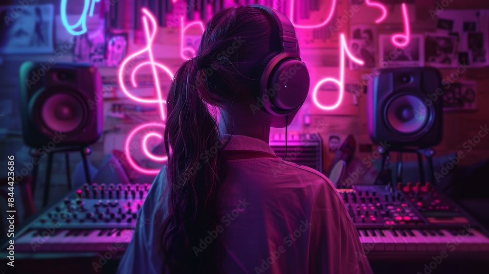 Wall mural mesmerizing image featuring a floating melody symbol surrounded by neon lights, with a woman wearing