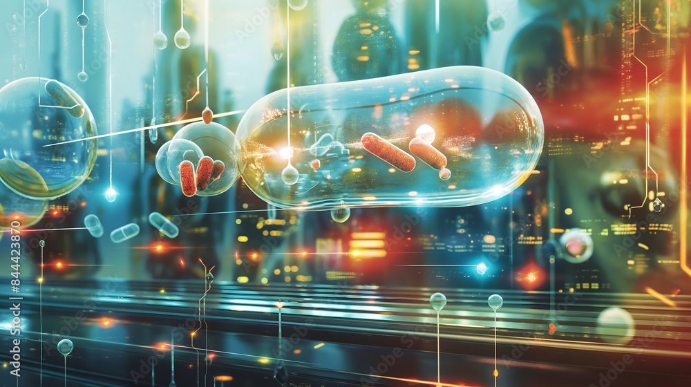 Poster 4. illustrate a futuristic laboratory setting featuring an abstract display of macro pharmaceuticals