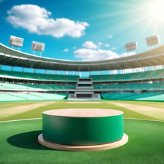 Empty soccer or cricket or football  stadium with a green presentation podium in the foreground. Ideal for sports event promotion, award ceremonies, or stadium imagery.