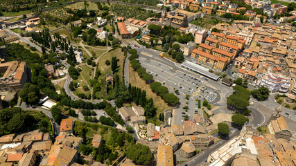 Aerial view of Martyrs of Hungary Square car park. It is located just outside the historic center...