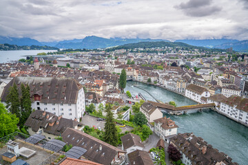 top view of Luzern from Museggmuaer fortress that we can see old town city view with reuss river including chapel bridge and sky very beautiful