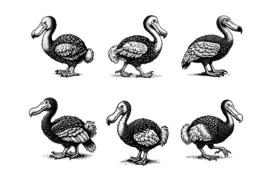set of dodo bird illustration. hand drawn black and white dodo extinct bird vector illustration isolated white background
