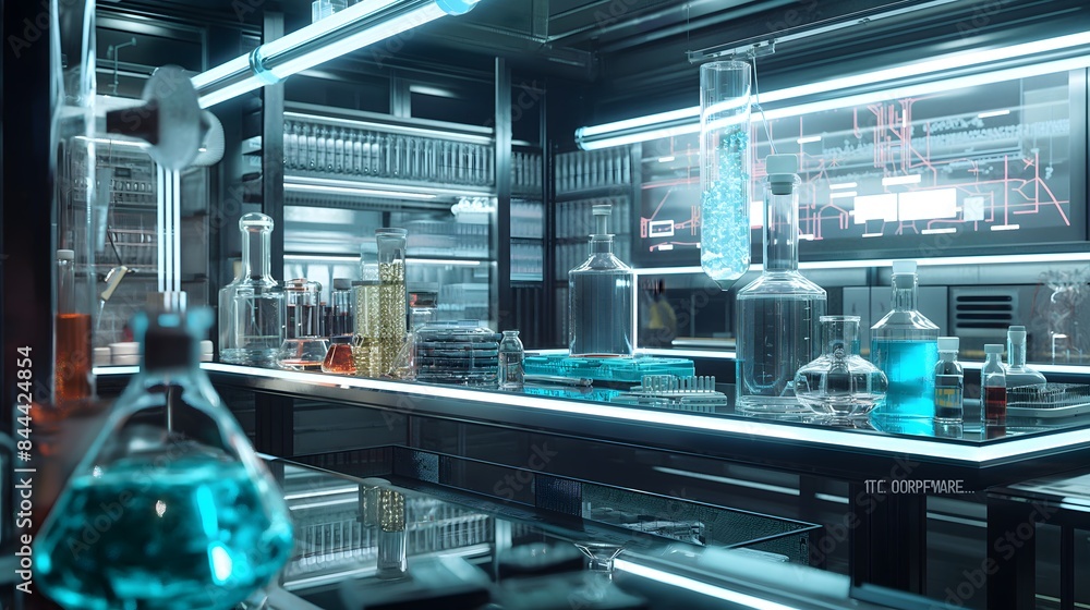 Poster 1. visualize a futuristic medical laboratory filled with an abstract assortment of experimental macr