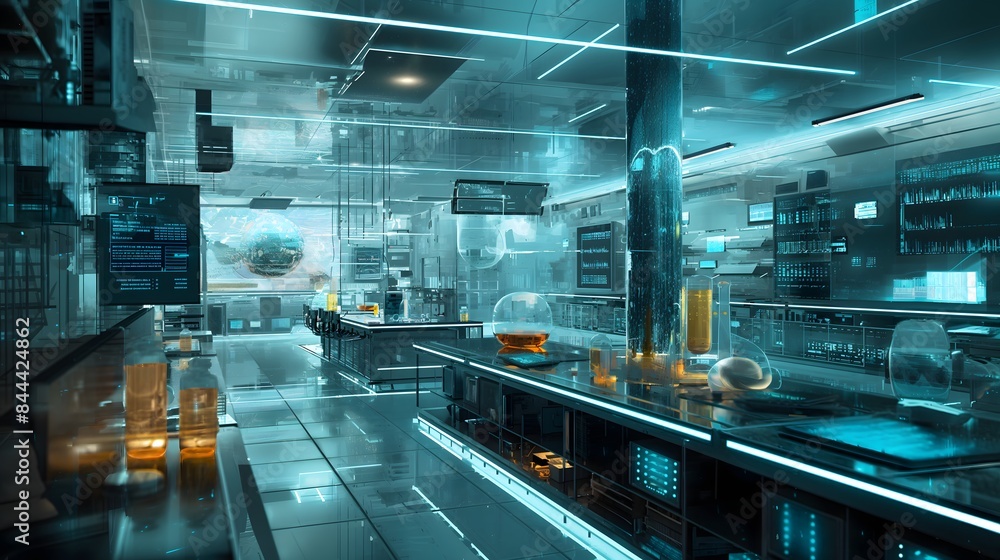 Poster 1. visualize a futuristic medical laboratory filled with an abstract assortment of experimental macr