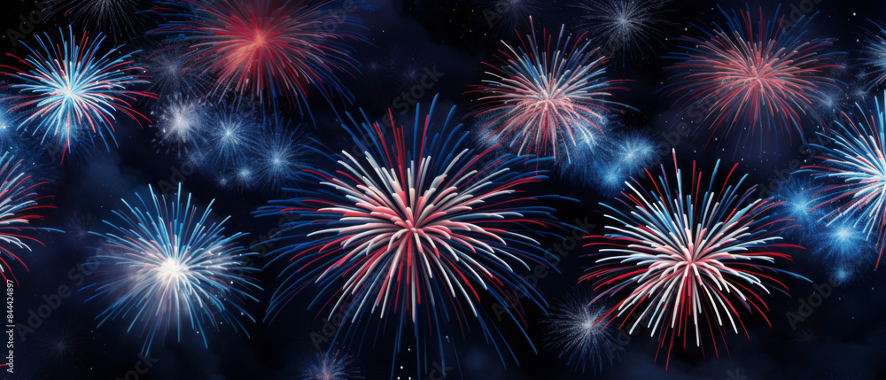 Poster a series of fireworks are lit up in the sky, creating a festive