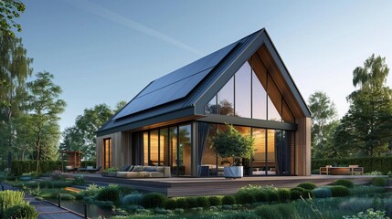 Modern ecofriendly suburban house equipped with a new photovoltaic system installed on the gable roof