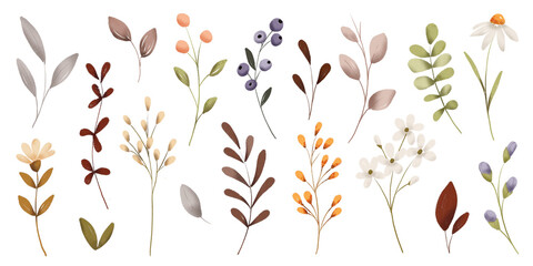 Fototapeta premium Flowers and leaves digital illustration, autumn design, watercolor hand painting. Perfectly for printing, sublimation. 