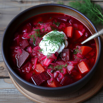 Illustration of healthy and famous food, Ukrainian borscht with selenium and sour cream on the table, unusual background, homemade food, restaurant menu. Tasty and healthy. Famous dishes of the World.