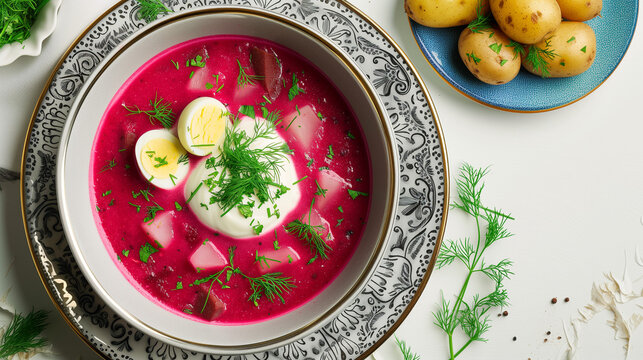 Illustration of healthy and famous food, Ukrainian borscht with selenium and sour cream on the table, unusual background, homemade food, restaurant menu. Tasty and healthy. Famous dishes of the World.