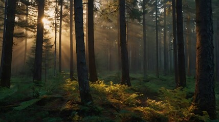 Naklejka premium Sunrise view in a beautiful green forest landscape with long and crowded trees