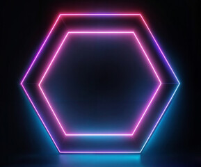 3d render illustration of a neon-lit neon light hexagonal hexagon shape frame in a dark room, giving off a vibe of modernity and sophistication