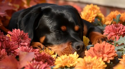 Obraz premium Rottweiler Dog Sleeping in Chrysanthemum Bed