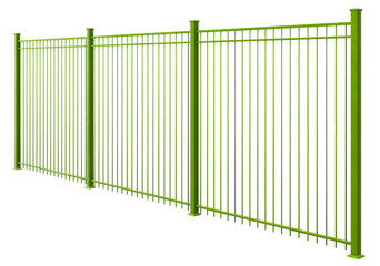 Corten Steel Security Fencing: 3D render of a heavy-duty fence featuring galvanized steel pickets and a weather-resistant, flat-top Corten steel finish (transparent background).