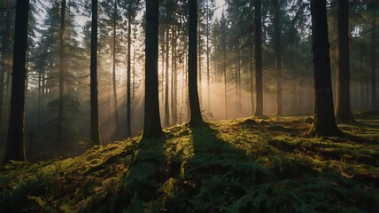 Naklejka premium Sunrise view in a beautiful green forest landscape with long and crowded trees