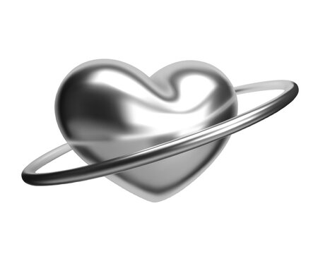 3d chrome heart with a sleek metallic silver surface and a ring. Isolated abstract element in y2k style, ideal for love, valentine, and romantic themes, adding a futuristic and glossy touch
