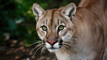 Stunning close-up photo that captures the mountain lion's striking green eyes