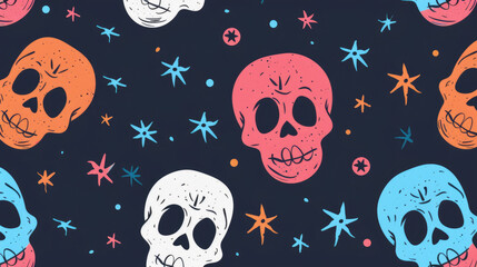 Cute and Colorful Skull Pattern. Bright and Simple Flat Design with Cheerful Colors