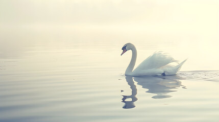 A graceful white swan peacefully glides across a tranquil lake reflecting the beauty of nature.