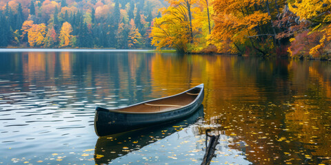 A serene lakeside scene with a canoe gently floating on the water, surrounded by colorful autumn trees - Powered by Adobe