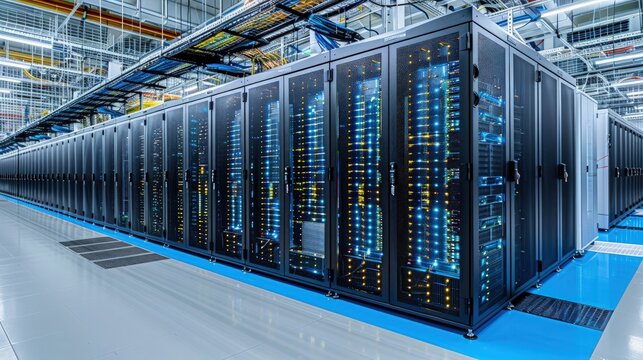 Data Center Dynamics. Network of data servers within a state-of-the-art data center. The Digital Infrastructure. Data center background.