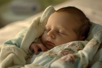 Tender image of a newborn Caucasian baby peacefully sleeping
