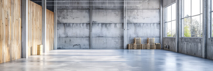 Industrial empty warehouse space with copyspace for text.