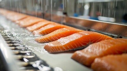 Modern factory production line Fresh salmon fillet on conveyor belt