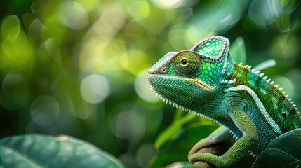 Obraz premium Close-up of a vibrant green chameleon in its natural habitat, blending into lush foliage with detailed texture and vivid colors.