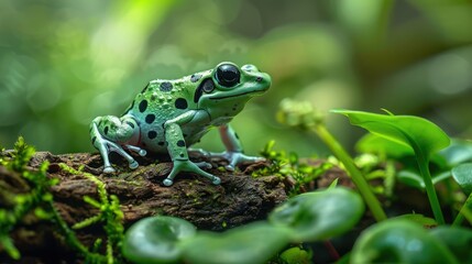 Obraz premium Close-up of a vibrant green frog with black spots perched on a mossy log in a lush, natural green forest environment.