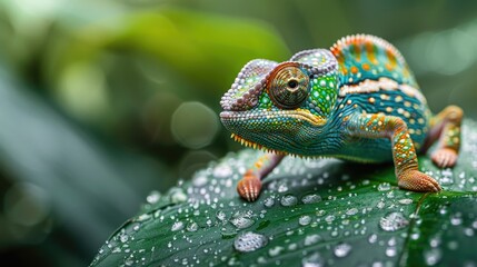 Fototapeta premium Close-up shot of a colorful chameleon sitting on a dewy leaf with a blurred natural background.