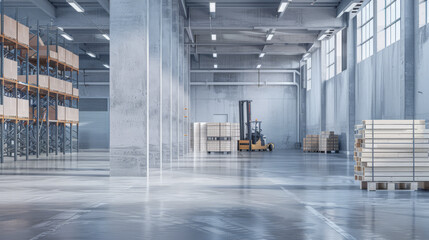 Obraz premium Industrial empty warehouse space with copyspace for text.