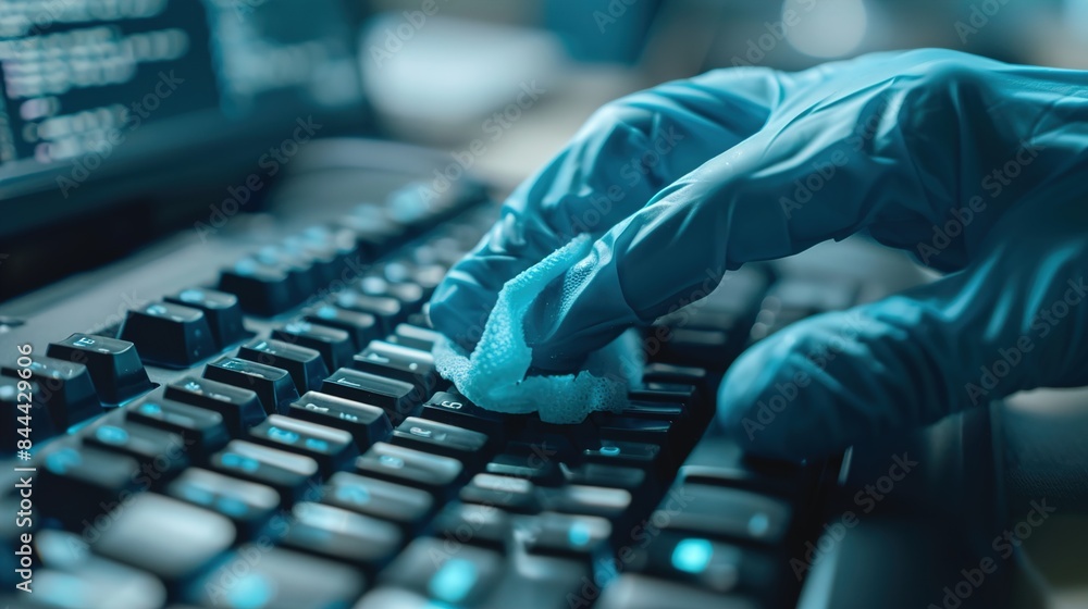 Poster a closeup of a person disinfecting a computer keyboard with a sanitizing wipe, highlighting the impo