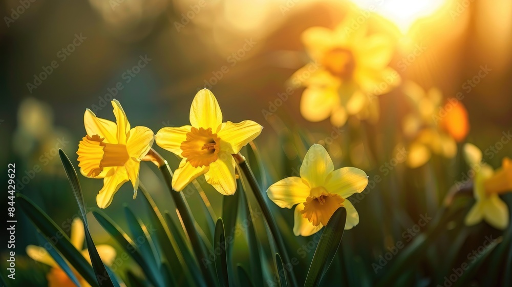 Poster beautiful yellow daffodils glowing in the light