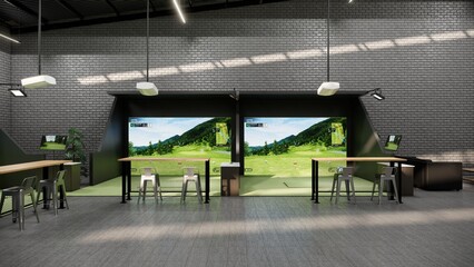 rendering of a modern indoor golf simulator with a hitting station and seating area