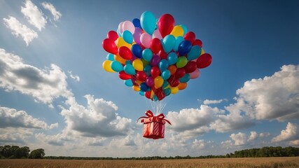 Colorful balloons in the sky carry a gift. Concept: birthday, coming of age, sweet sixteen. Copy space