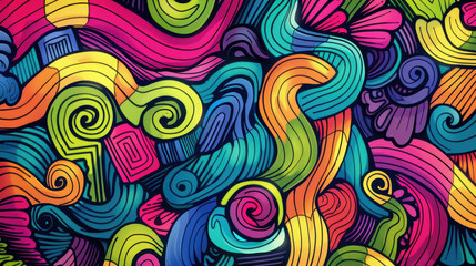 Playful Doodle Art Pattern in Vibrant Colors. Expressive and Bright Design with Vivid Colors