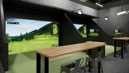 3d rendering of a modern indoor golf simulator with a hitting station, projection screen, and seating area