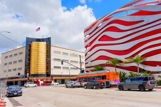 Los Angeles, California - April 4, 2024: Roadside View of Saban Building and Petersen Automotive Museum Facades
