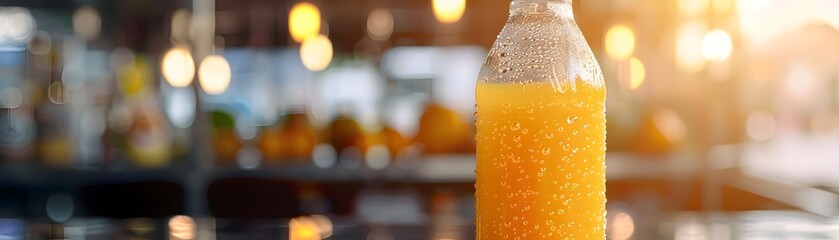 Fototapeta premium Condensation Covered Plastic Bottle of Orange Juice in Industrial Kitchen Setting