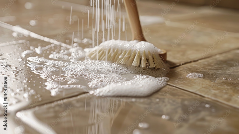 Poster a closeup of a person scrubbing a tiled floor with a brush and cleaning solution, emphasizing thorou